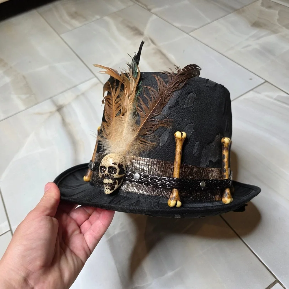 Spirit Halloween Voodoo Witch Doctor Top Hat Skull Bones Feathers Black 01433663